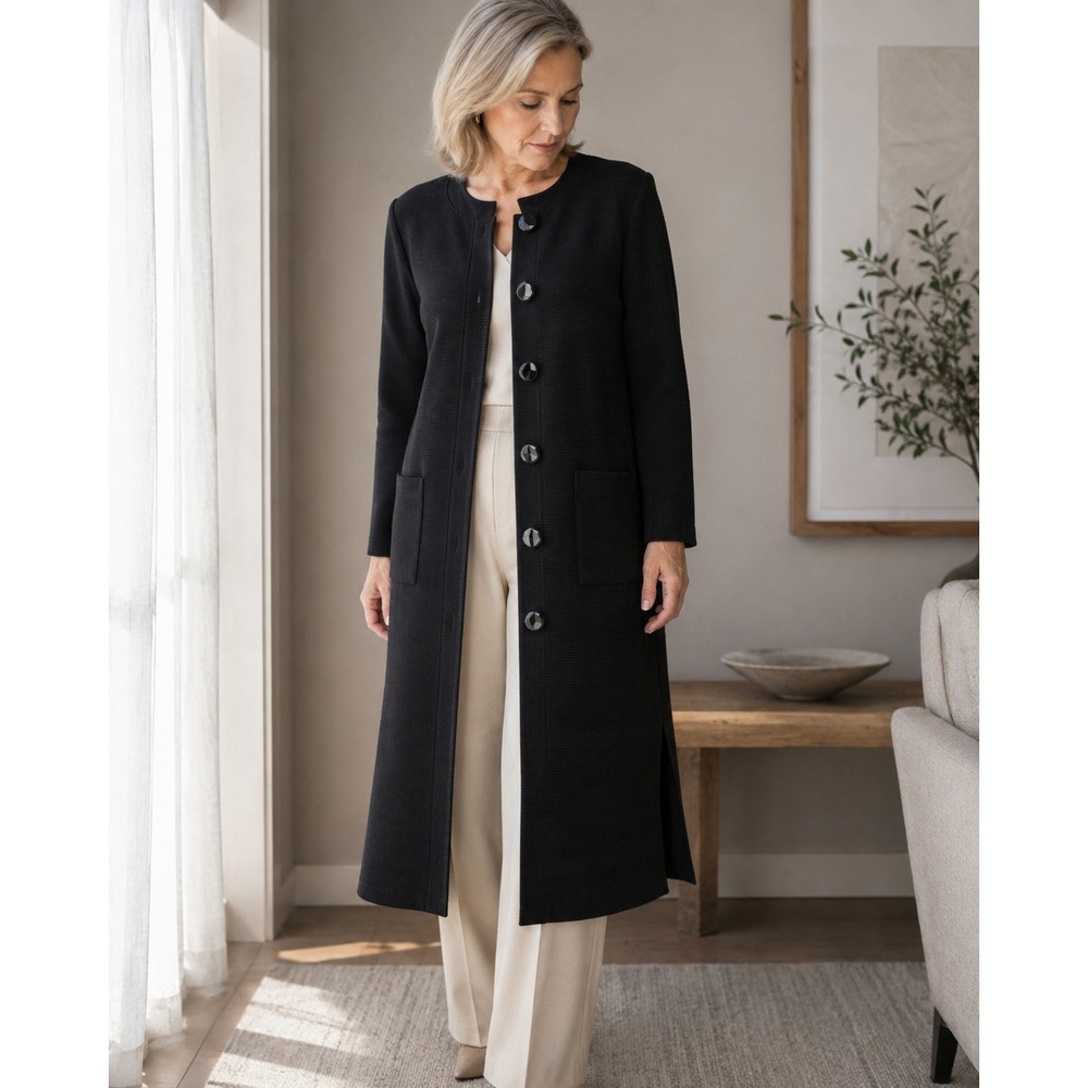 Vintage 1990s Misook Long Ribbed Knit Duster Cardigan Black Sculptural Button XS